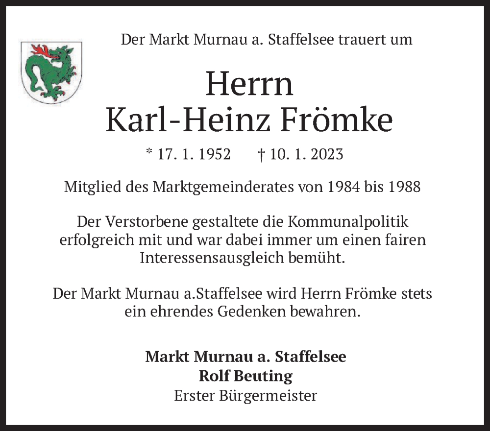  Traueranzeige für Karl-Heinz Frömke vom 21.01.2023 aus merkurtz