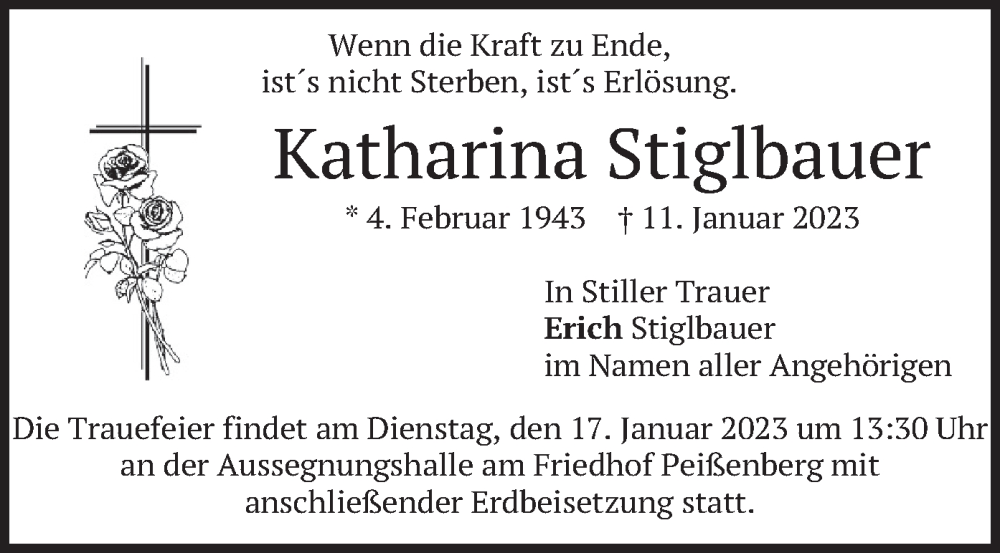  Traueranzeige für Katharina Stiglbauer vom 14.01.2023 aus merkurtz