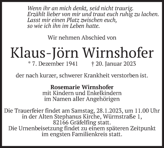 Traueranzeige von Klaus-Jörn Wirnshofer von merkurtz