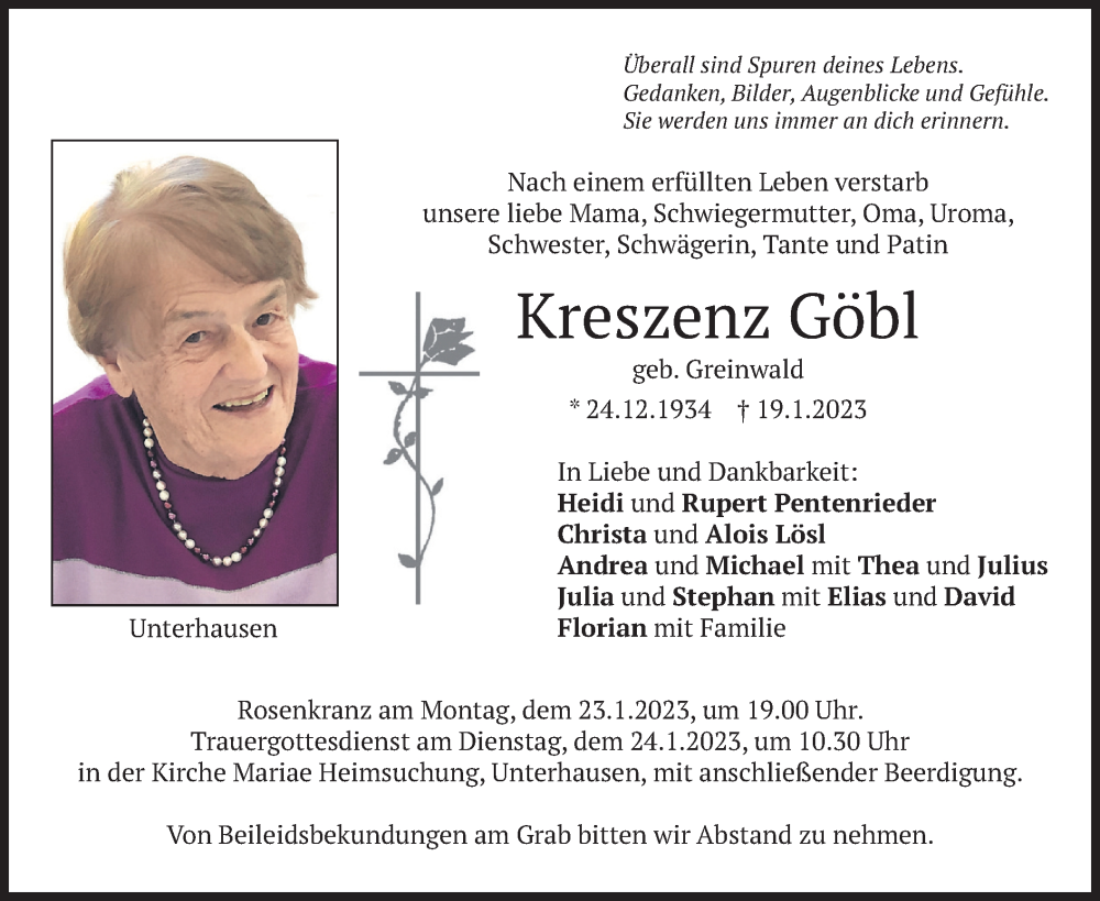 Traueranzeigen von Kreszenz Göbl | trauer.merkur.de