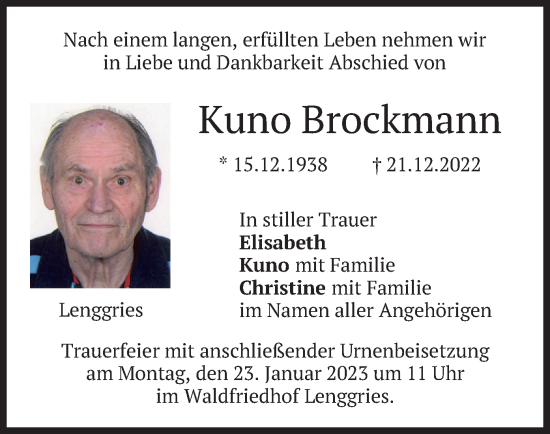 Traueranzeige von Kuno Brockmann von merkurtz