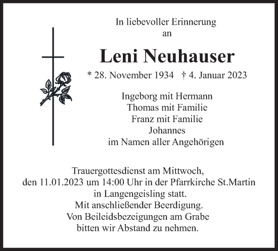 Traueranzeige von Leni Neuhauser von merkurtz