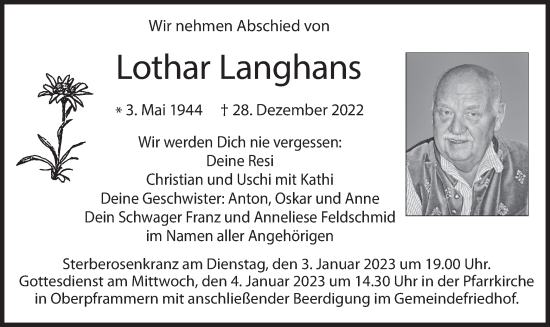 Traueranzeige von Lothar Langhans von merkurtz