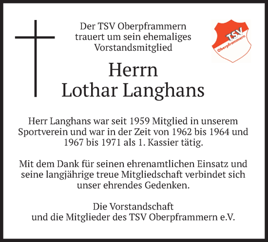 Traueranzeige von Lothar Langhans von merkurtz