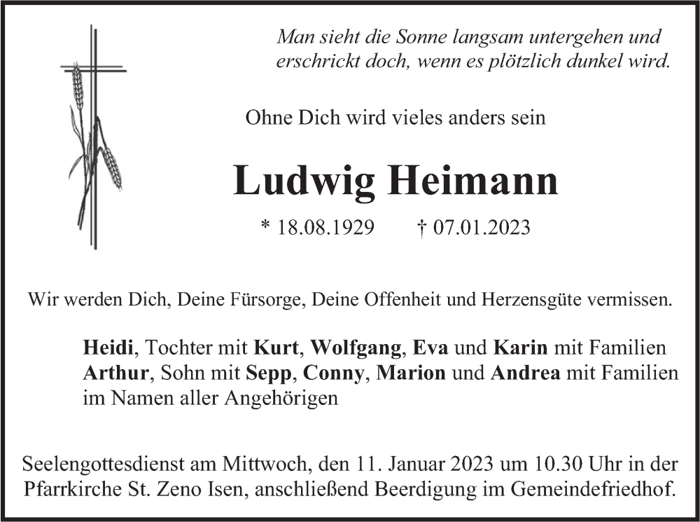  Traueranzeige für Ludwig Heimann vom 09.01.2023 aus merkurtz