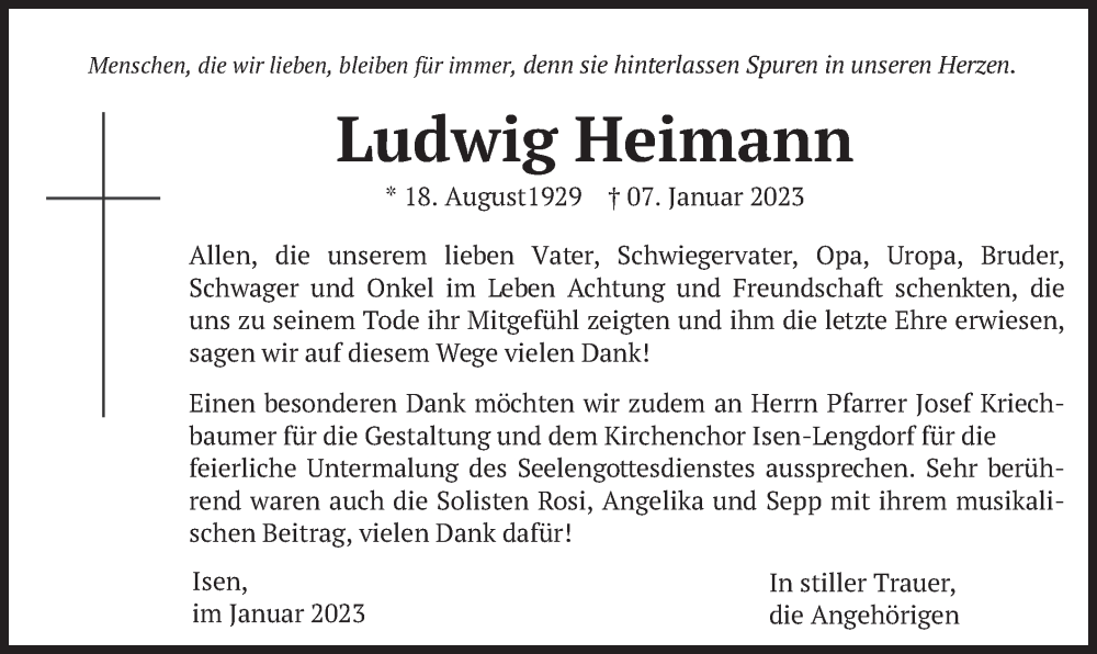  Traueranzeige für Ludwig Heimann vom 28.01.2023 aus merkurtz