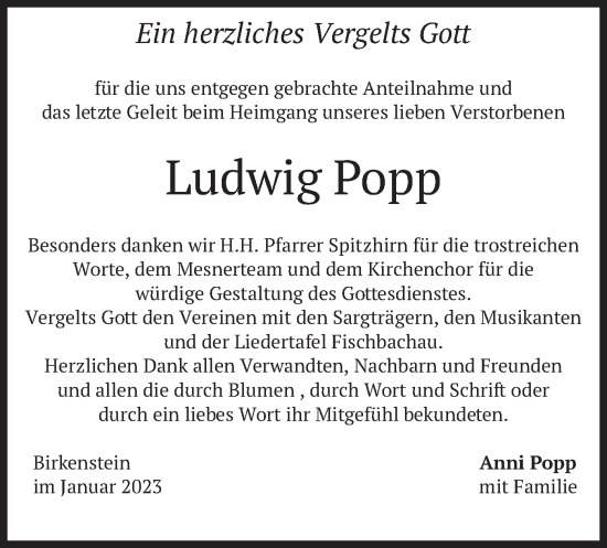 Traueranzeige von Ludwig Popp von merkurtz