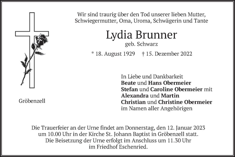  Traueranzeige für Lydia Brunner vom 07.01.2023 aus merkurtz