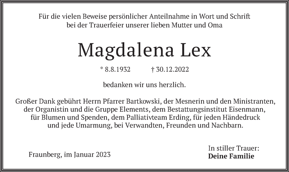  Traueranzeige für Magdalena Lex vom 28.01.2023 aus merkurtz