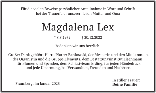 Traueranzeige von Magdalena Lex von merkurtz