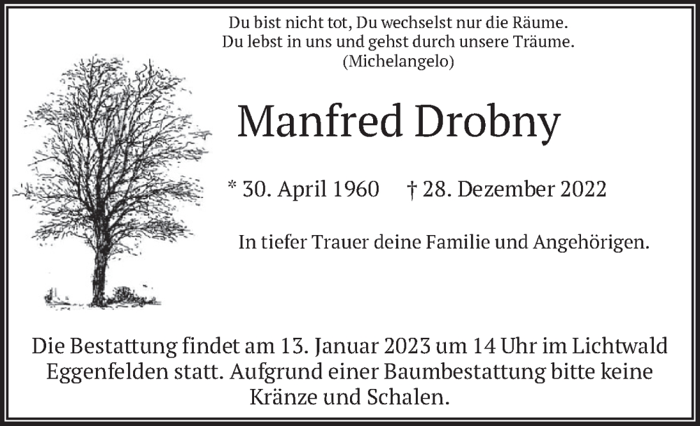  Traueranzeige für Manfred Drobny vom 07.01.2023 aus merkurtz