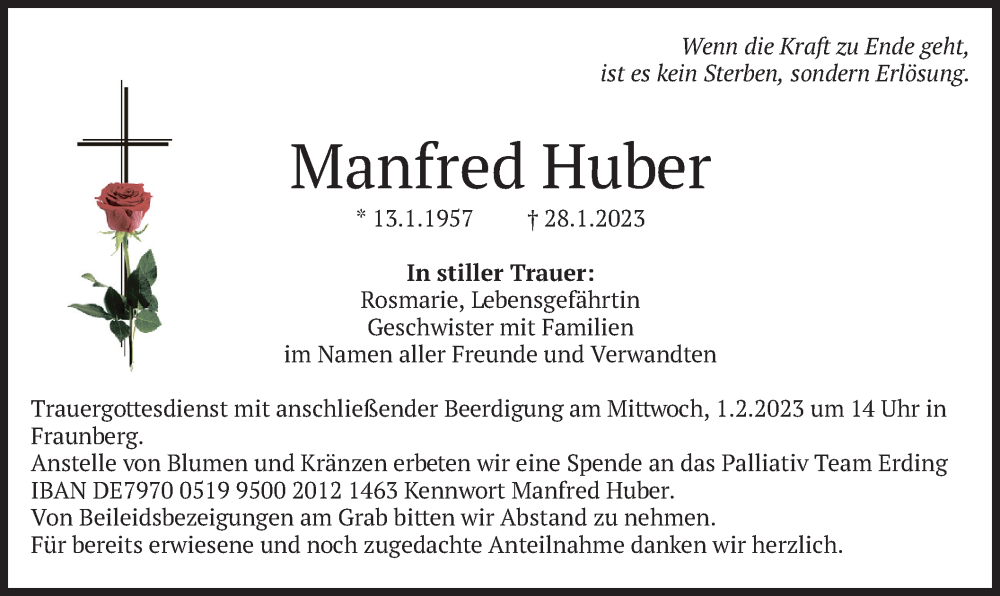  Traueranzeige für Manfred Huber vom 30.01.2023 aus merkurtz