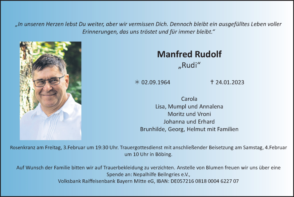  Traueranzeige für Manfred Rudolf vom 30.01.2023 aus merkurtz
