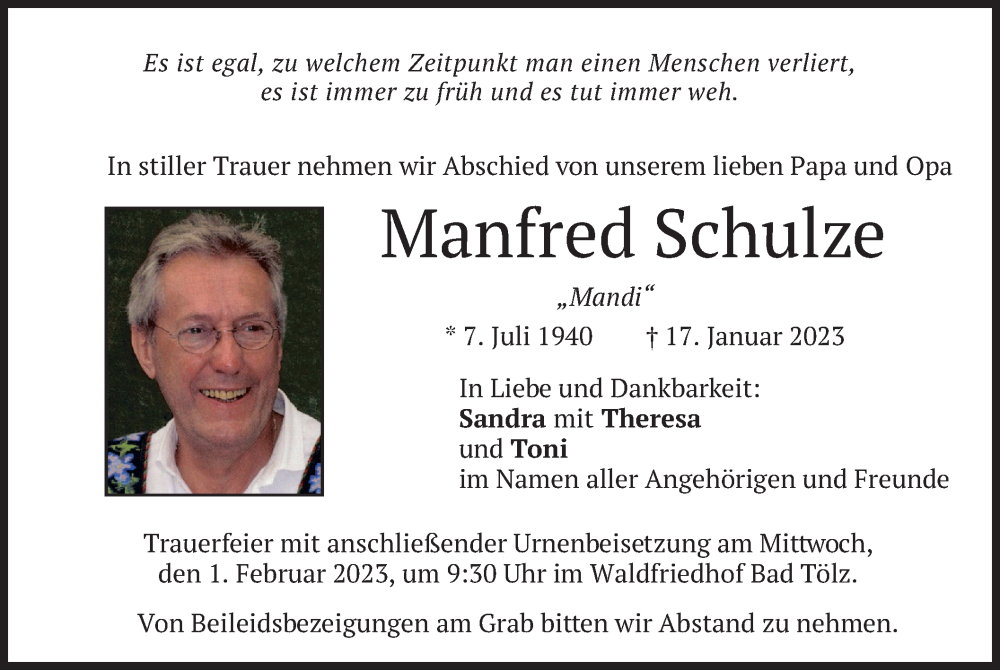  Traueranzeige für Manfred Schulze vom 27.01.2023 aus merkurtz