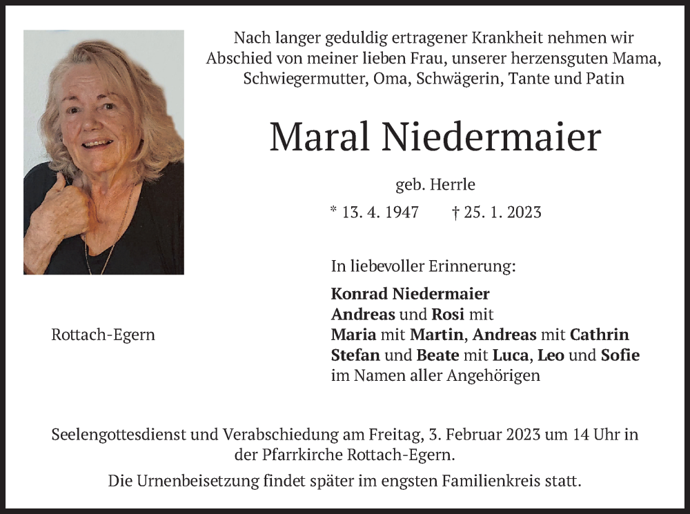  Traueranzeige für Maral Niedermaier vom 28.01.2023 aus merkurtz