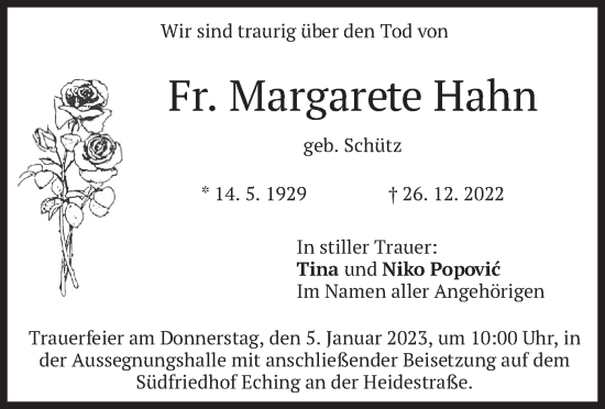 Traueranzeigen von Margarete Hahn trauer.merkur.de