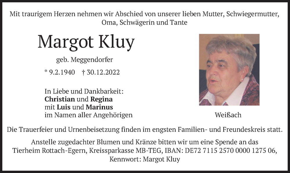  Traueranzeige für Margot Kluy vom 07.01.2023 aus merkurtz