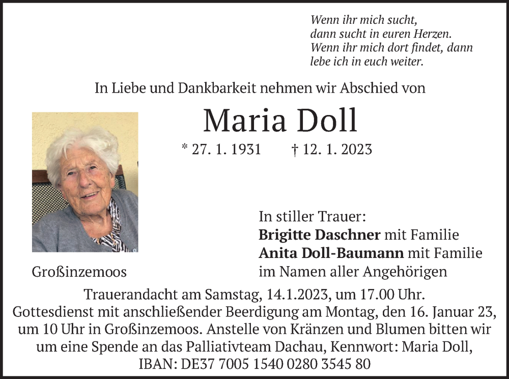  Traueranzeige für Maria Doll vom 14.01.2023 aus merkurtz