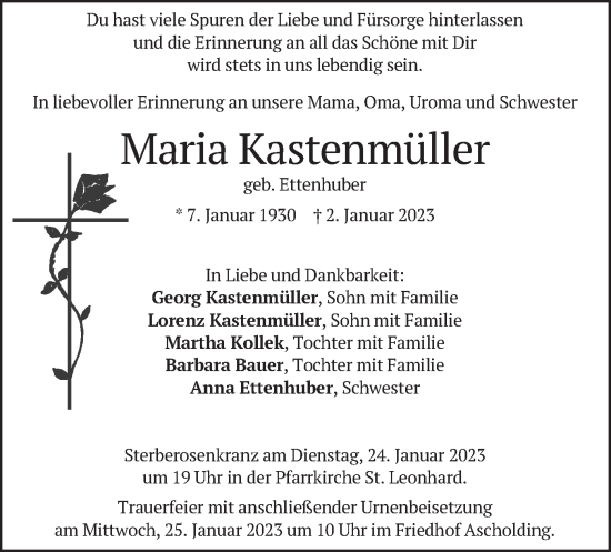 Traueranzeige von Maria Kastenmüller von merkurtz