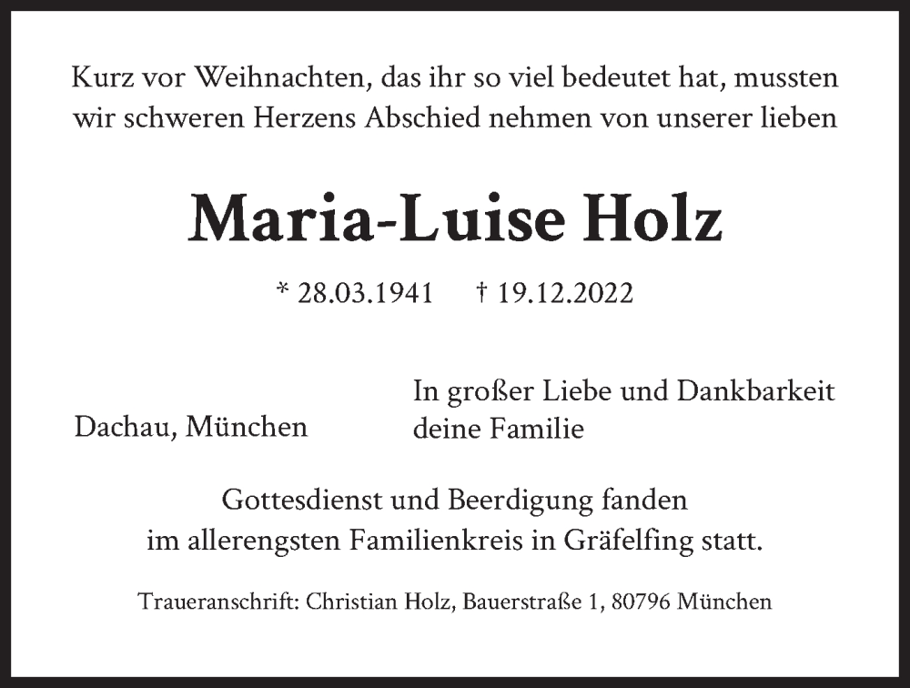  Traueranzeige für Maria-Luise Holz vom 07.01.2023 aus merkurtz