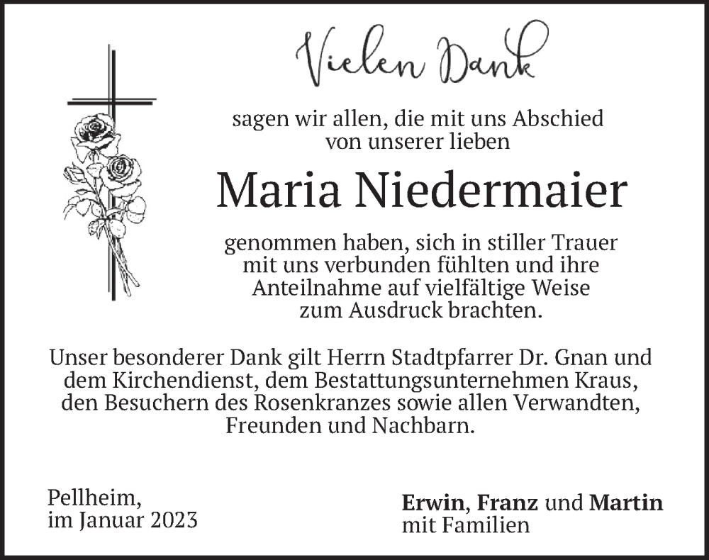  Traueranzeige für Maria Niedermaier vom 11.01.2023 aus merkurtz