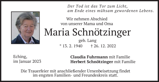 Traueranzeige von Maria Schnötzinger von merkurtz