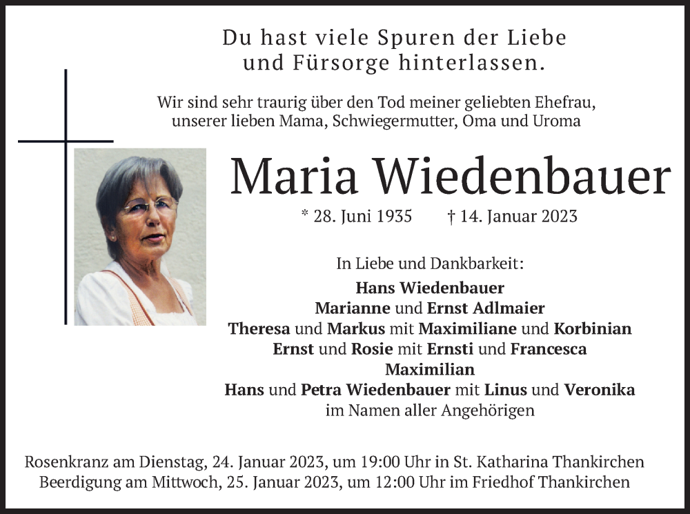  Traueranzeige für Maria Wiedenbauer vom 21.01.2023 aus merkurtz