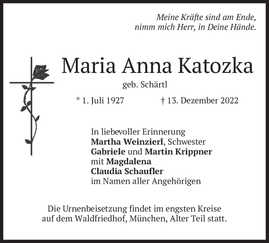 Traueranzeige von Maria Anna Katozka von merkurtz