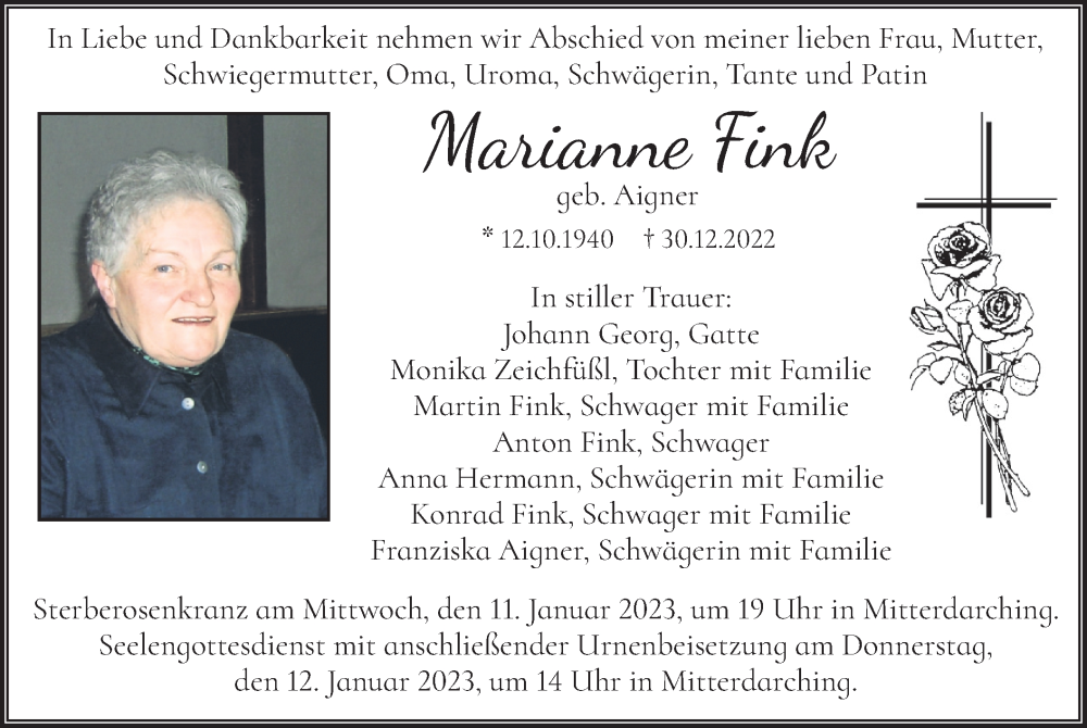  Traueranzeige für Marianne Fink vom 07.01.2023 aus merkurtz