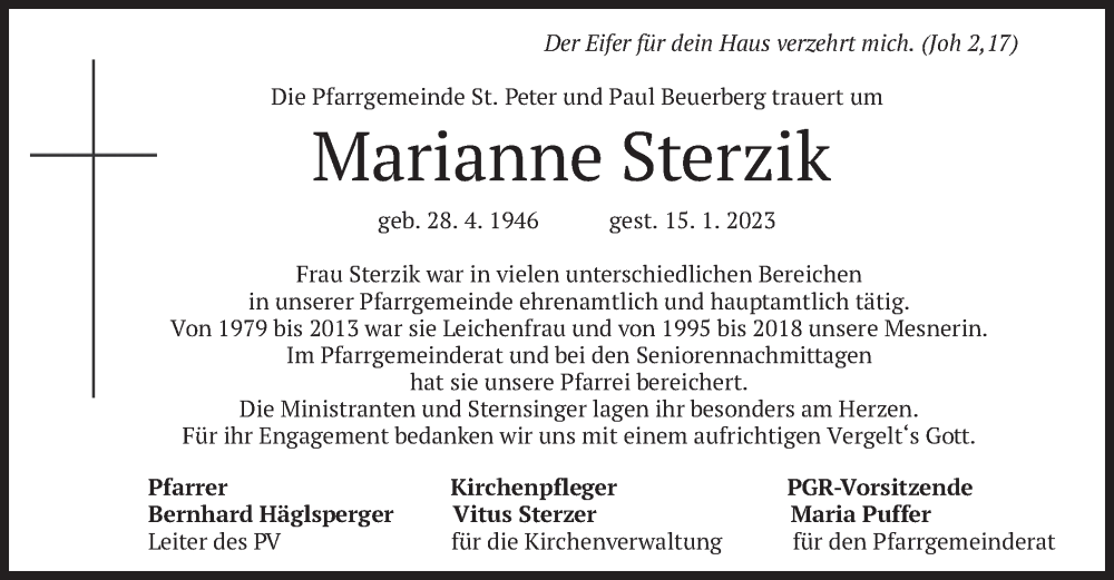  Traueranzeige für Marianne Sterzik vom 20.01.2023 aus merkurtz