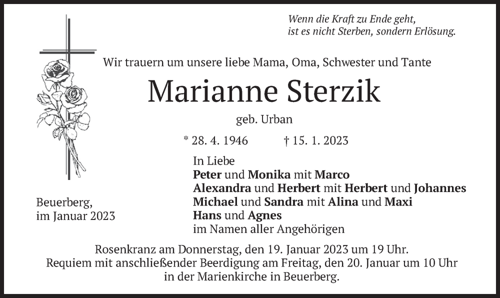  Traueranzeige für Marianne Sterzik vom 17.01.2023 aus merkurtz