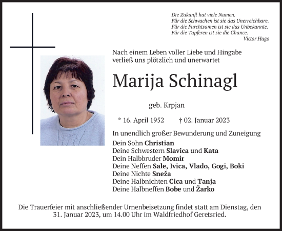 Traueranzeige von Marija Schinagl von merkurtz
