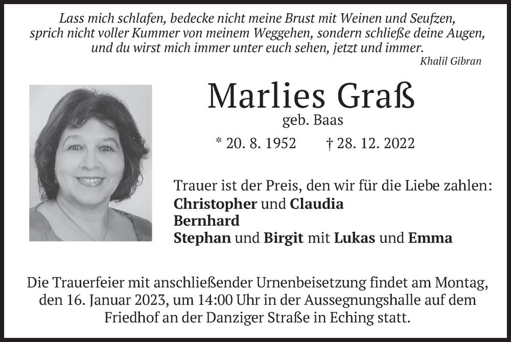 Traueranzeigen von Marlies Graß | trauer.merkur.de