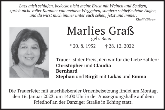 Traueranzeige von Marlies Graß von merkurtz