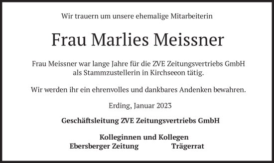 Traueranzeige von Marlies Meissner von merkurtz