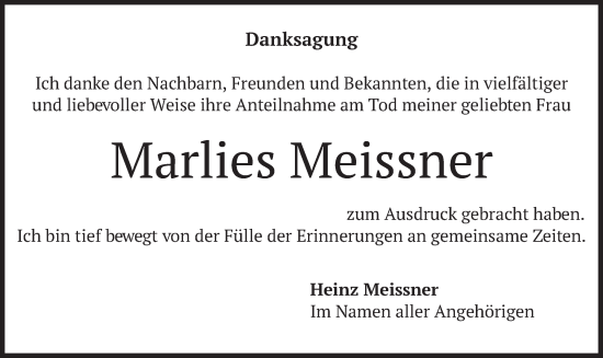 Traueranzeige von Marlies Meissner von merkurtz