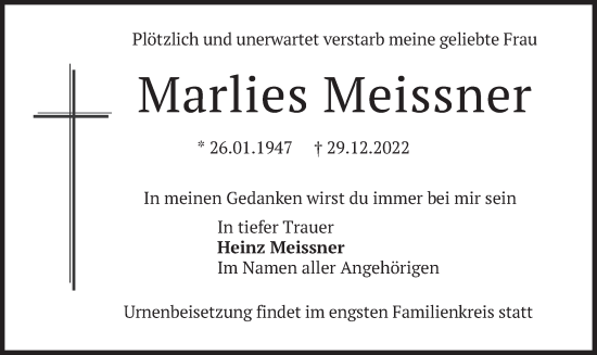 Traueranzeige von Marlies Meissner von merkurtz