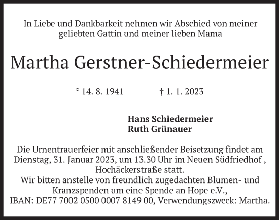 Traueranzeige von Martha Gerstner-Schiedermeier von merkurtz