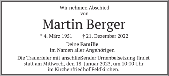 Traueranzeige von Martin Berger von merkurtz