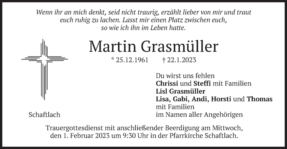  Traueranzeige für Martin Grasmüller vom 28.01.2023 aus merkurtz