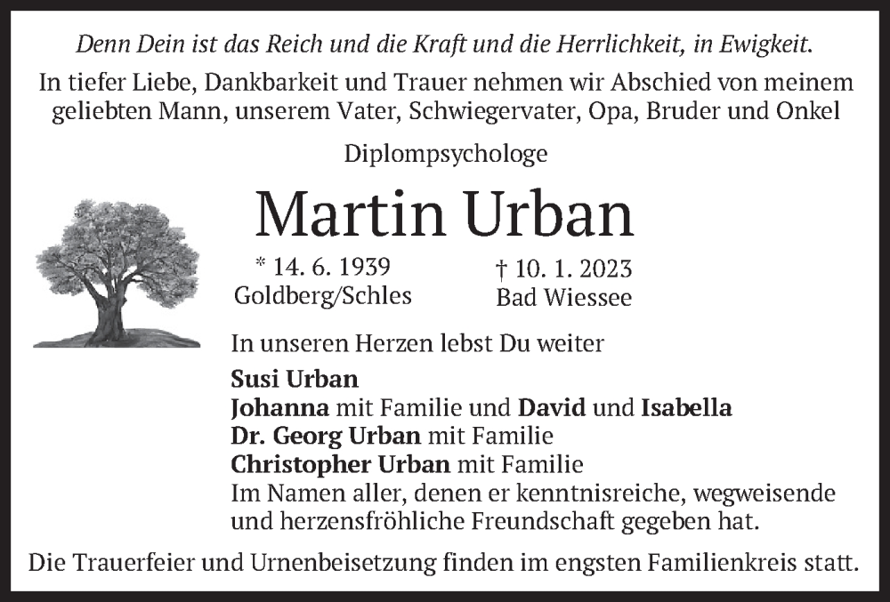  Traueranzeige für Martin Urban vom 14.01.2023 aus merkurtz