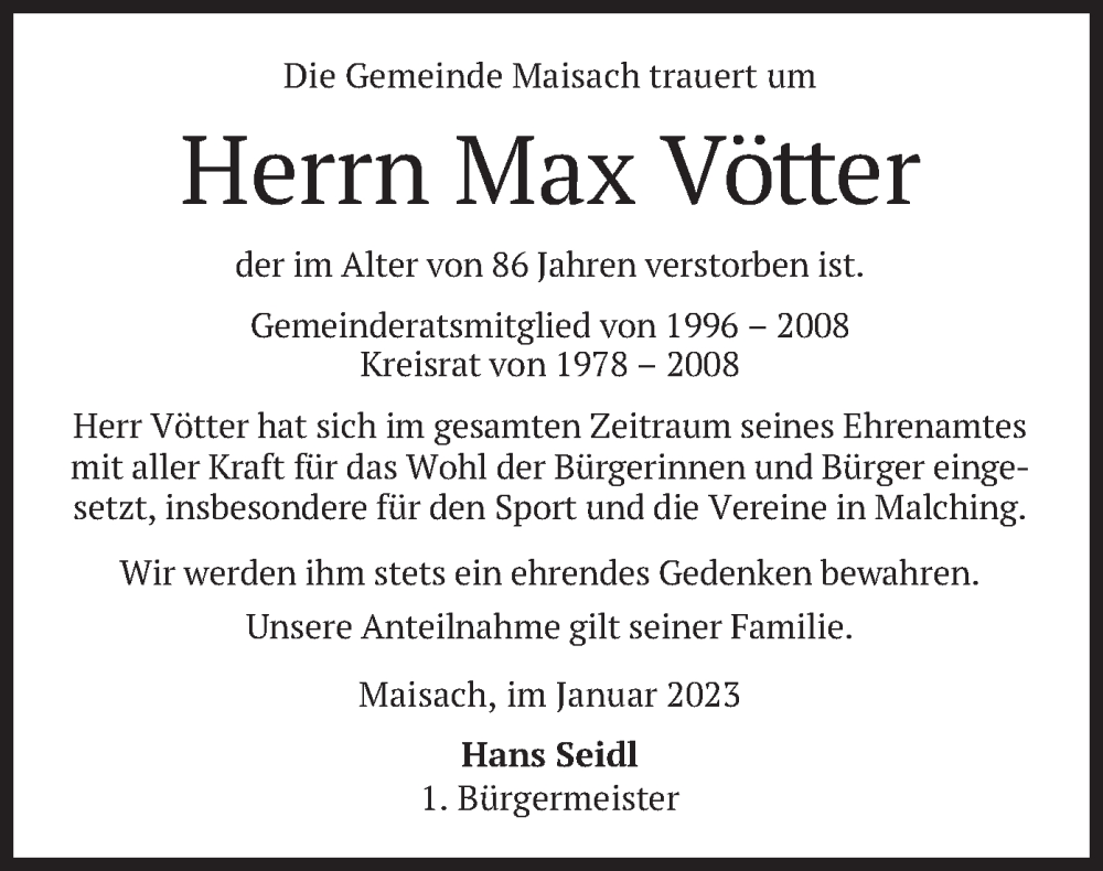 Traueranzeige für Max Vötter vom 28.01.2023 aus merkurtz