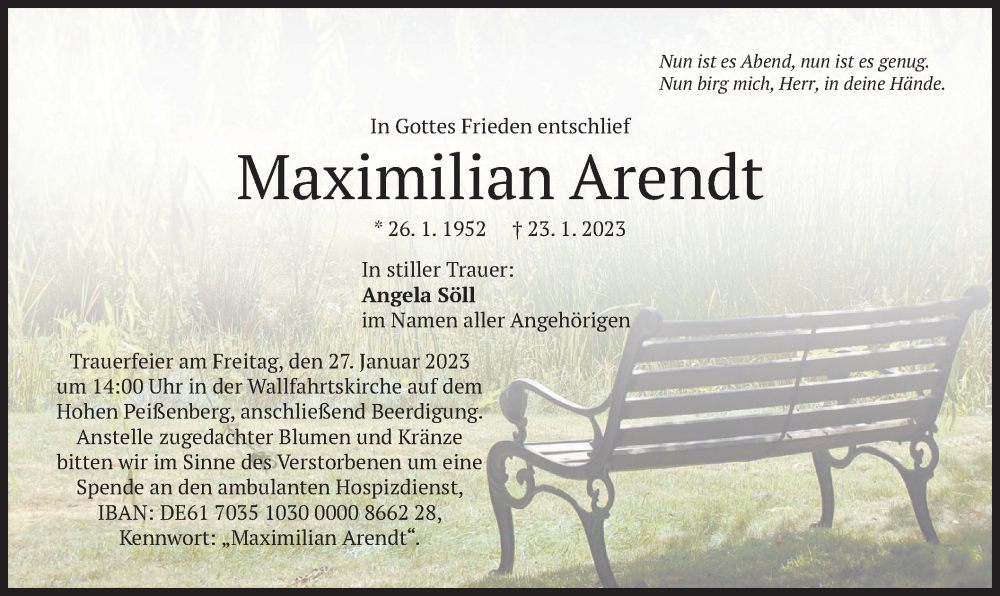  Traueranzeige für Maximilian Arendt vom 25.01.2023 aus merkurtz