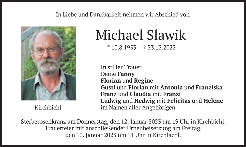 Traueranzeige für Michael Slawik vom 11.01.2023 aus merkurtz