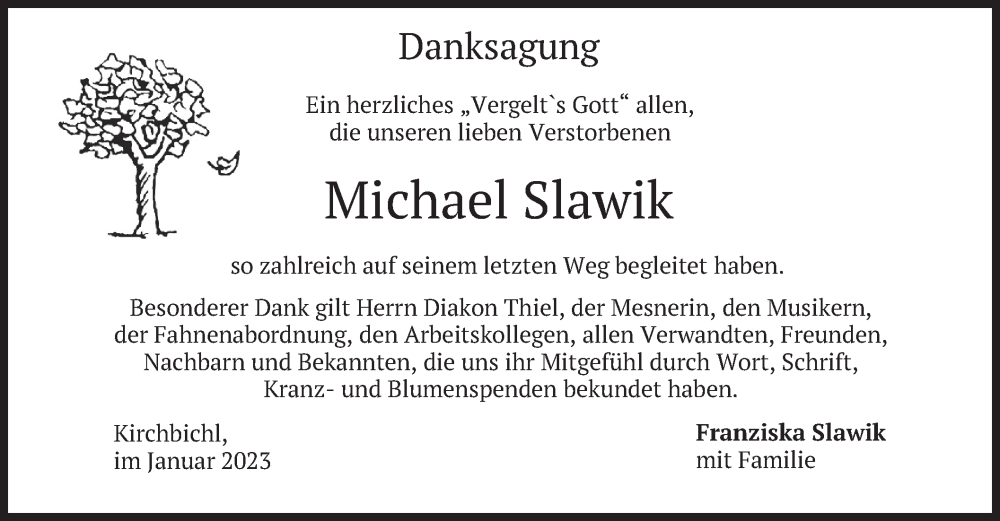  Traueranzeige für Michael Slawik vom 21.01.2023 aus merkurtz