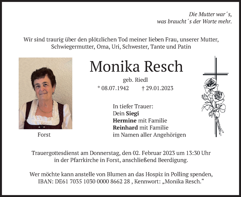  Traueranzeige für Monika Resch vom 31.01.2023 aus merkurtz