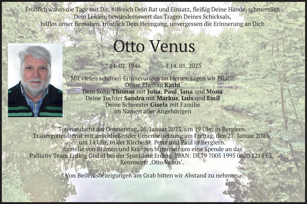  Traueranzeige für Otto Venus vom 24.01.2023 aus merkurtz