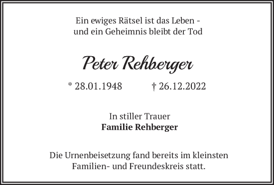 Traueranzeige von Peter Rehberger von merkurtz