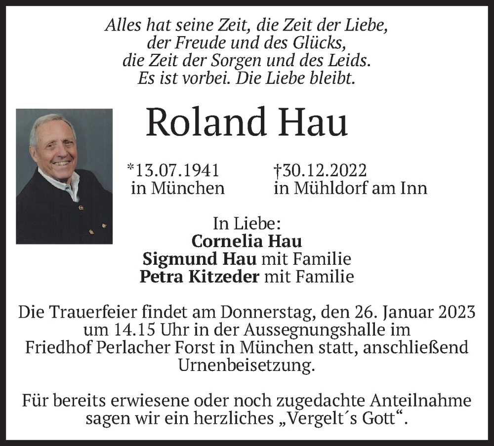  Traueranzeige für Roland Hau vom 21.01.2023 aus merkurtz