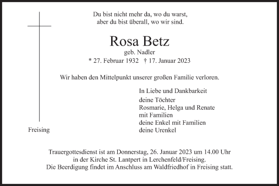 Traueranzeige von Rosa Betz von merkurtz